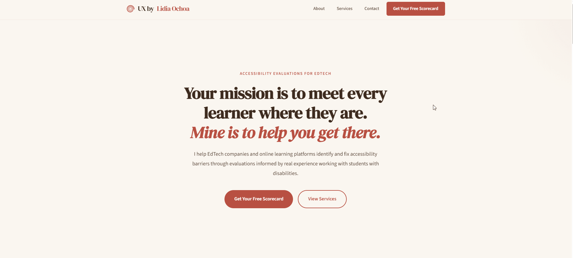 A11y Consulting site hero section showing the headline, services overview, and accessibility-focused design