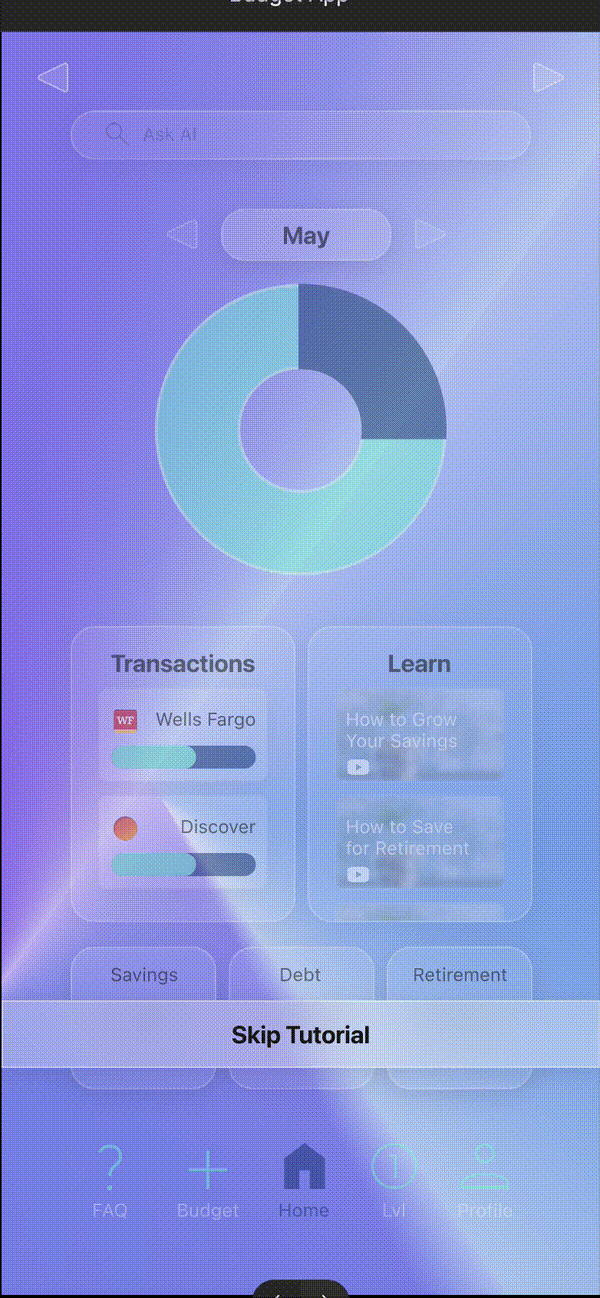 Animated preview of the first hi-fi design with a purple glassmorphic background style