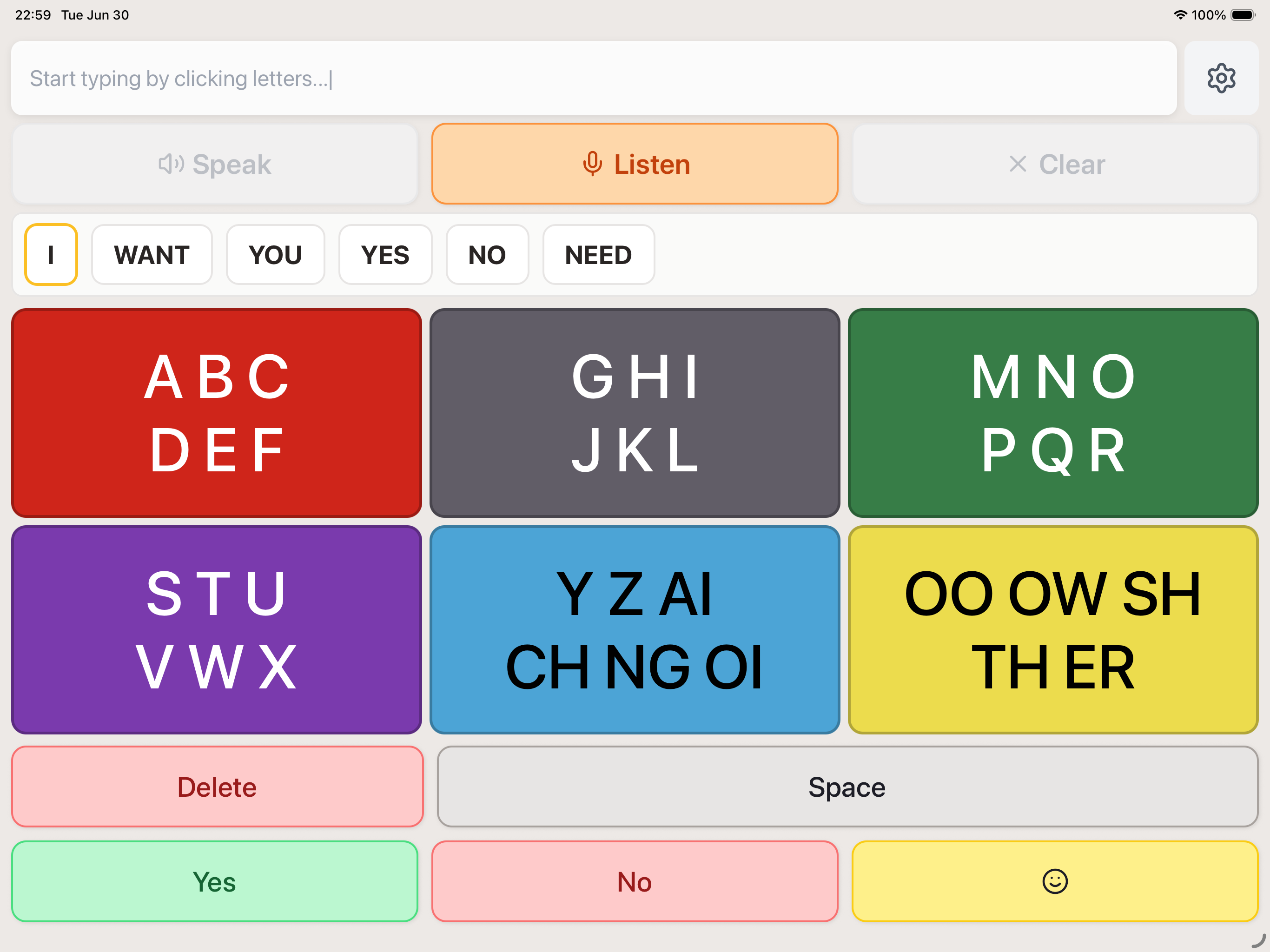 ComBoard shipped app showing the 6-cluster keyboard with color-coded letter groups, phoneme keys (TH, SH, CH), prediction bar, and Yes/No buttons