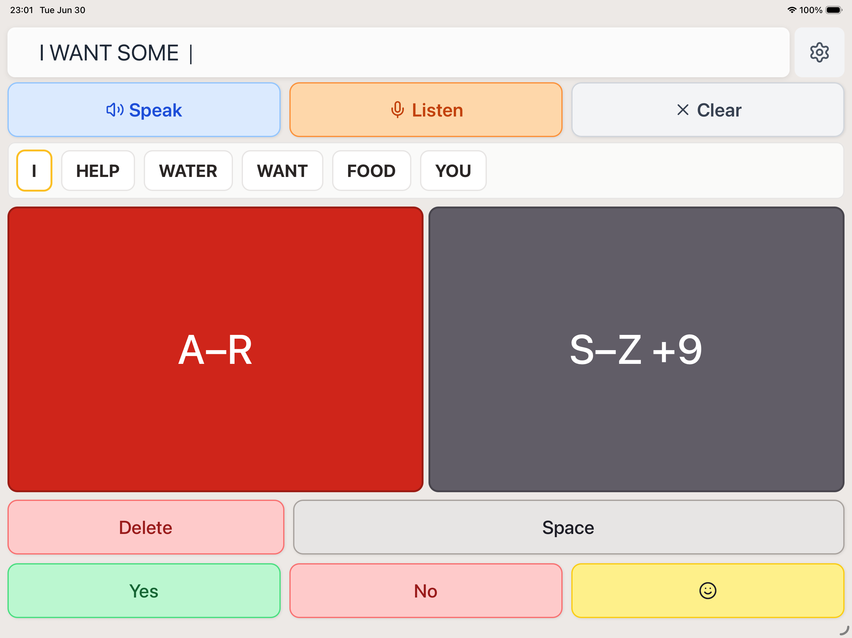 ComBoard 2-cluster layout showing 'I WANT SOME' typed with contextual word predictions: HELP, WATER, WANT, FOOD, YOU