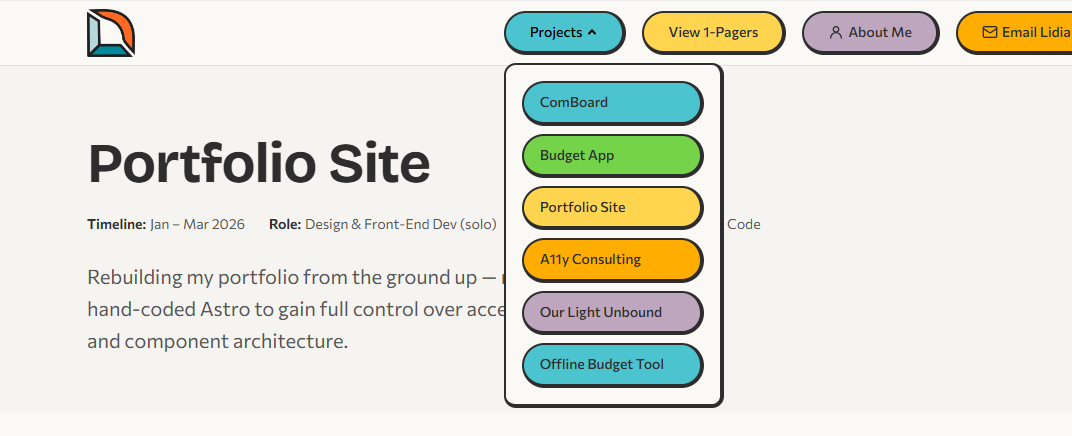 Header with Projects dropdown expanded showing color-coded links to all case studies