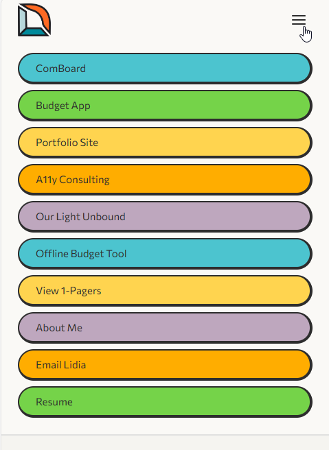 Mobile menu expanded showing all navigation links as color-coded pill buttons