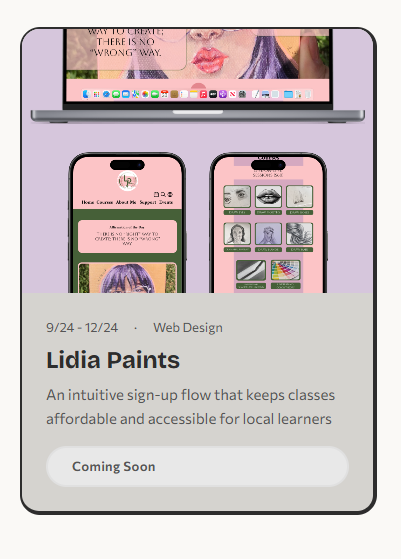 ProjectCard in disabled state showing Lidia Paints with Coming Soon badge