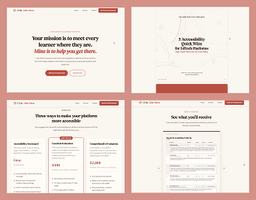 Four-panel composite showing the a11y consulting site: hero section, quick wins guide, service tiers pricing, and sample scorecard