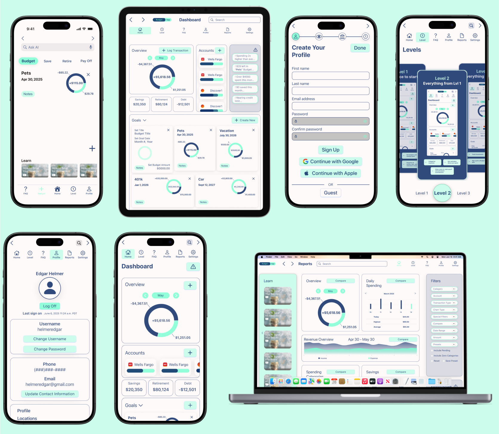 Circle with mint background featuring several devices with a budget app prototype displayed