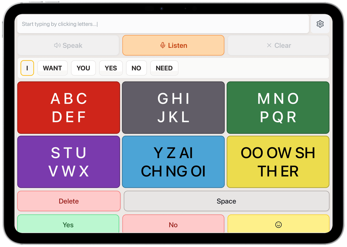 ComBoard 6-cluster keyboard with color-coded letter groups, phoneme keys, prediction bar, and Yes/No buttons on an iPad