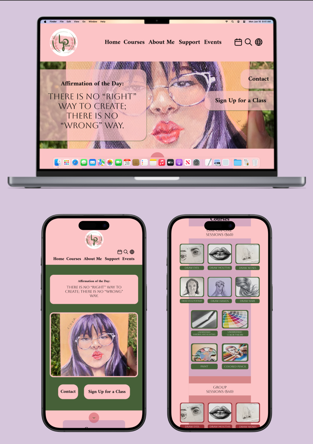 Circle with lavender background featuring devices with a website prototype displayed