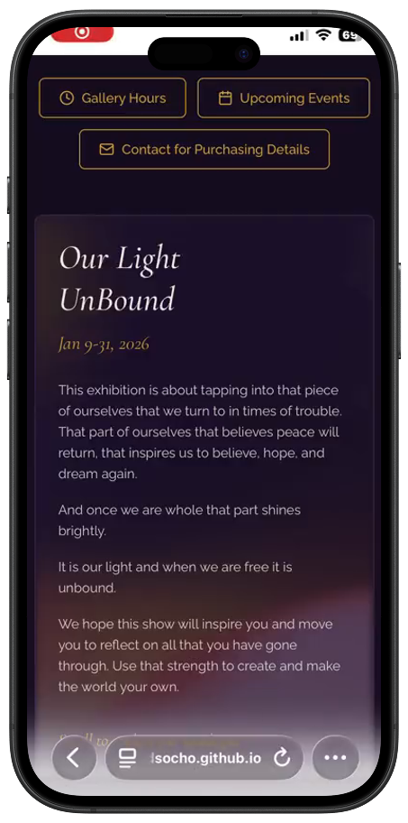Our Light Unbound digital catalogue shown on an iPhone, displaying the exhibition title, dates, and mission statement on a twilight gradient