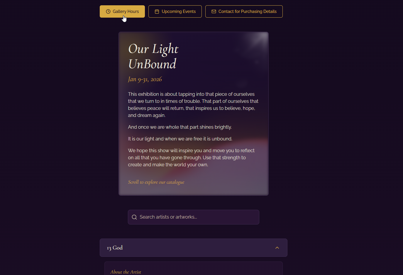 Screenshot of the Our Light Unbound art exhibition website with a dark purple theme, gallery description, and artist catalogue
