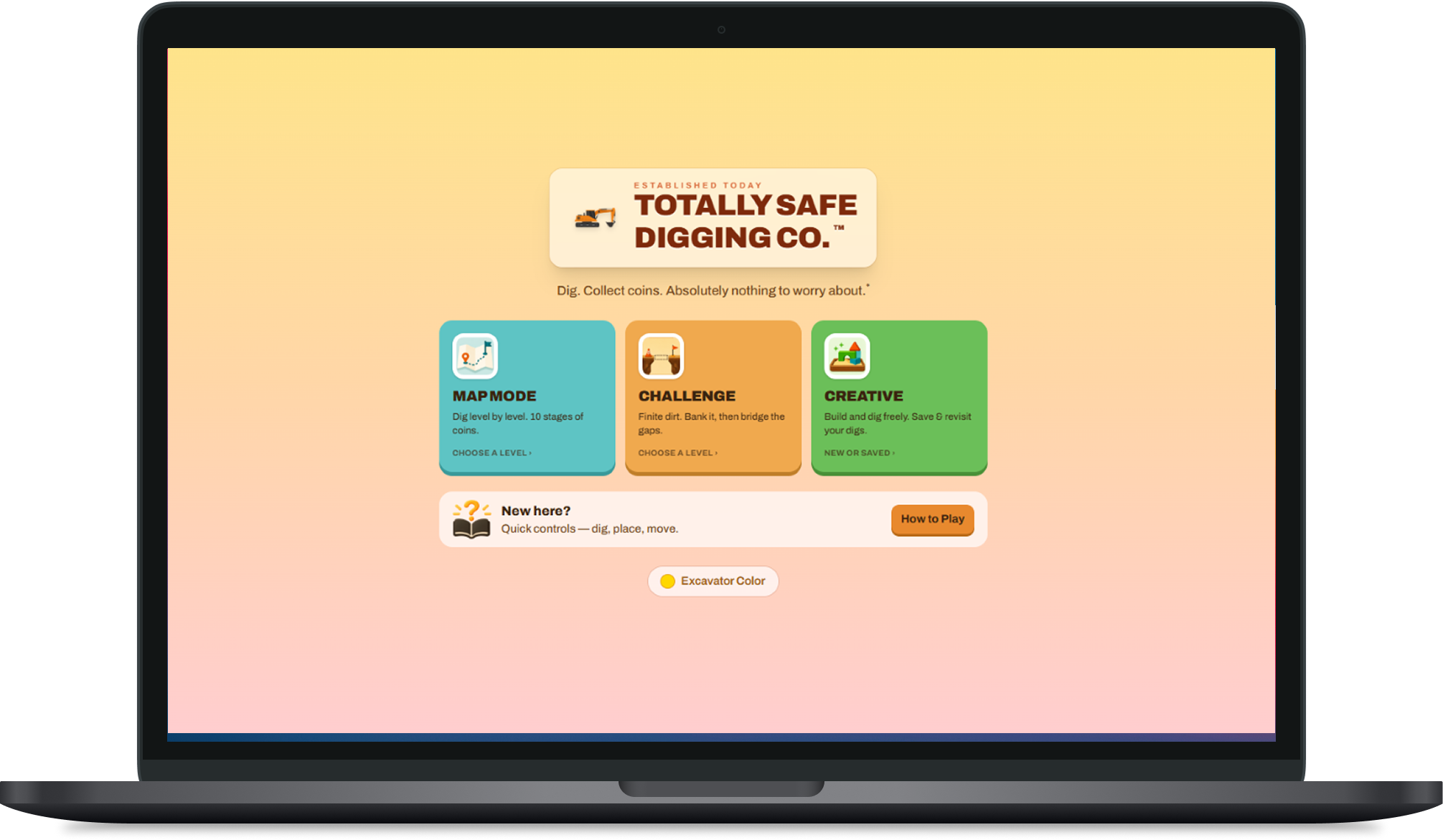 Totally Safe Digging Co. title screen showing Map Mode, Challenge, and Creative mode cards with How to Play prompt on a laptop