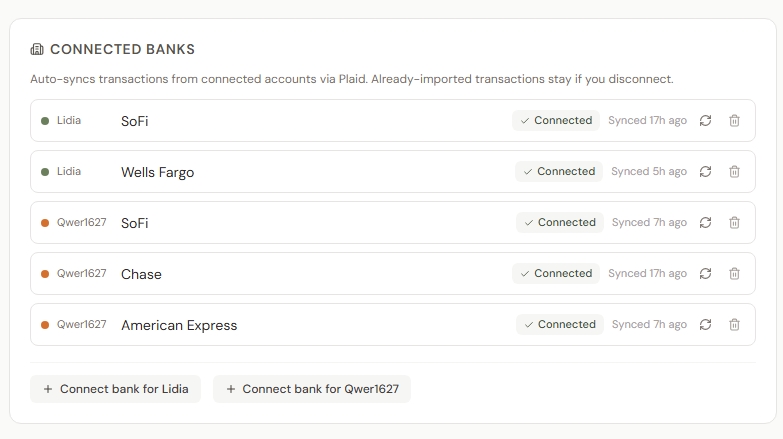 Connected Banks section showing SoFi, Wells Fargo, Chase, and Amex with connection status and last sync timestamps