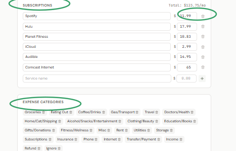 After: Subscriptions and Expense Categories with improved text contrast, proper form labels, and clearer hierarchy, improvements circled in green