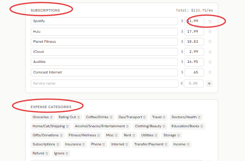 Before: Subscriptions and Expense Categories with low-contrast text and inputs lacking proper visible labels, problem areas circled in red