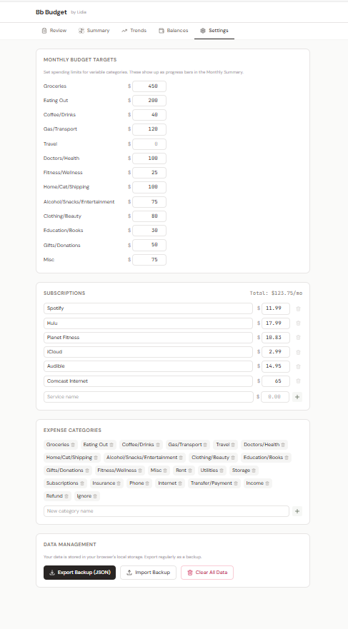 Bb Budget Settings tab showing Monthly Budget Targets with per-category spending limits, Subscriptions section (Spotify, Hulu, Planet Fitness, iCloud, Audible, Comcast Internet totaling $123.75/month), Expense Categories as deletable tag chips, and Data Management section with Export Backup, Import Backup, and Clear All Data buttons.