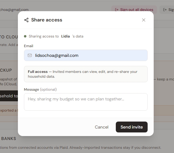 Share access modal with email invite field and permission toggles for View, Edit, and Re-share