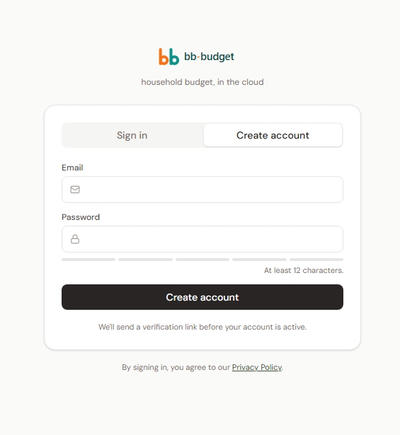 Create account form with email field, password input, and password strength indicator bars