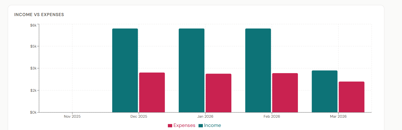 After: Income vs Expenses bar chart using teal and wine colors that are distinguishable across all common types of color vision deficiency