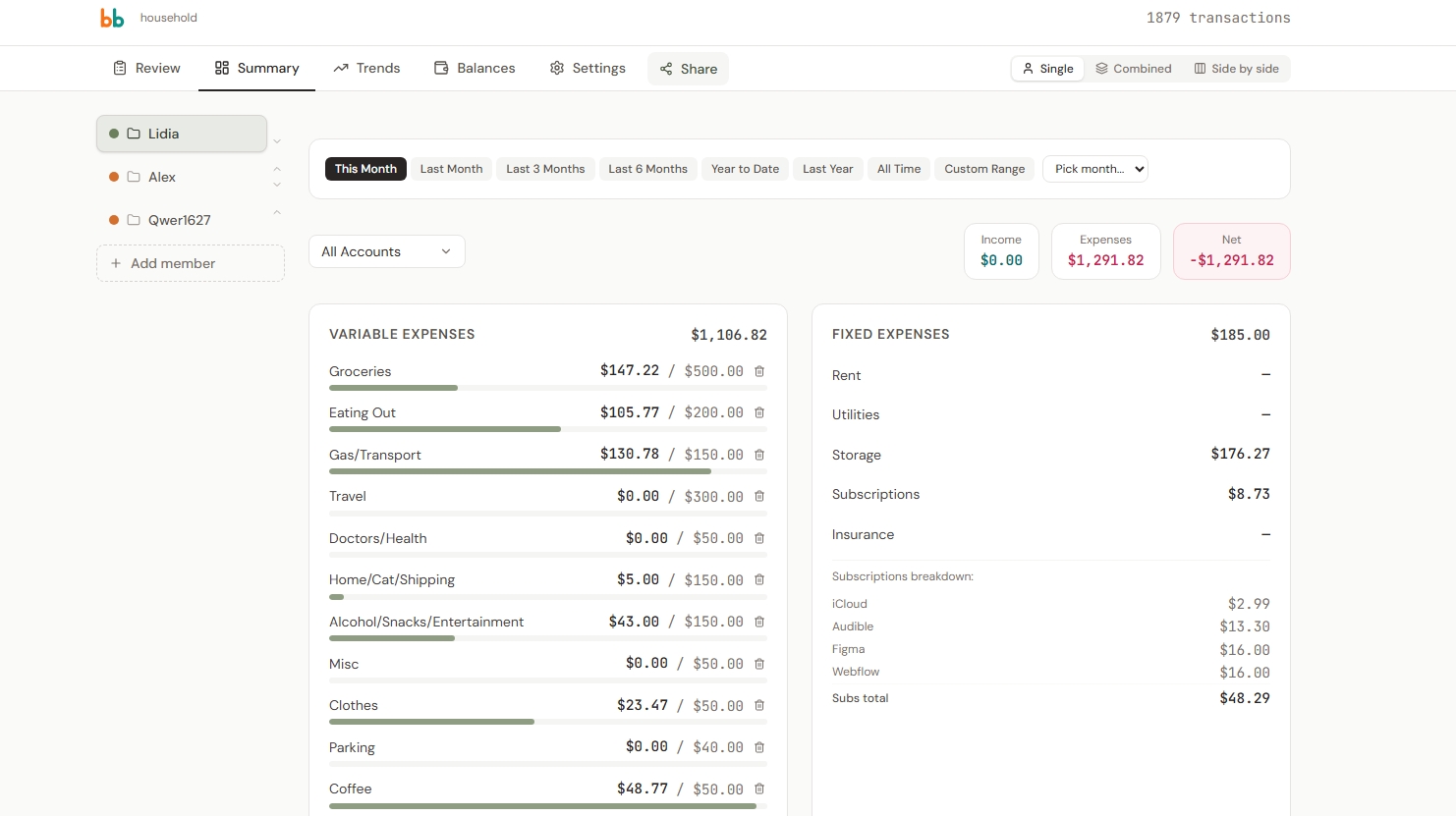 Single view showing one member's Summary tab with budget progress bars and account balances