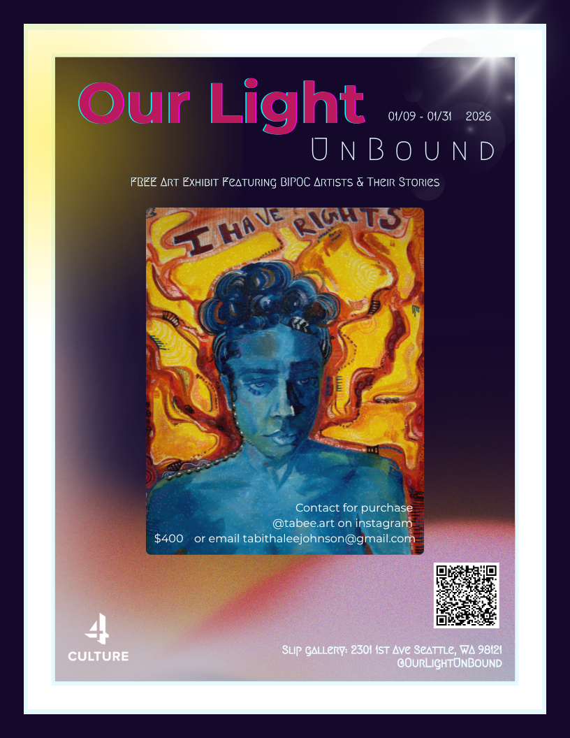 Our Light Unbound exhibition poster with the wordmark, featured artwork, dates, free admission, and a QR code on a deep twilight gradient background