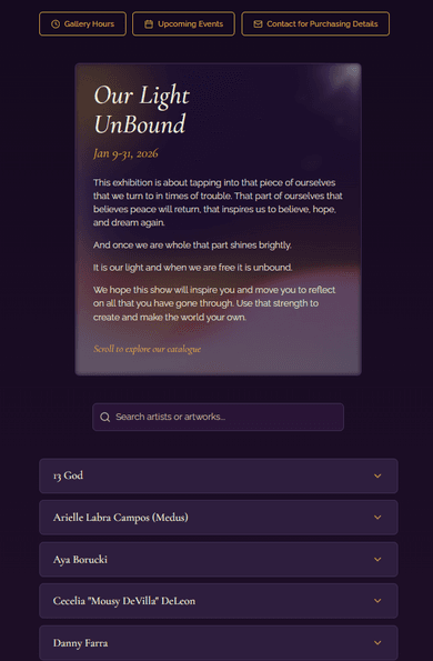 Our Light Unbound mobile catalogue showing the exhibition title, artist statement, search bar, and accordion-style artist list on a deep purple gradient background