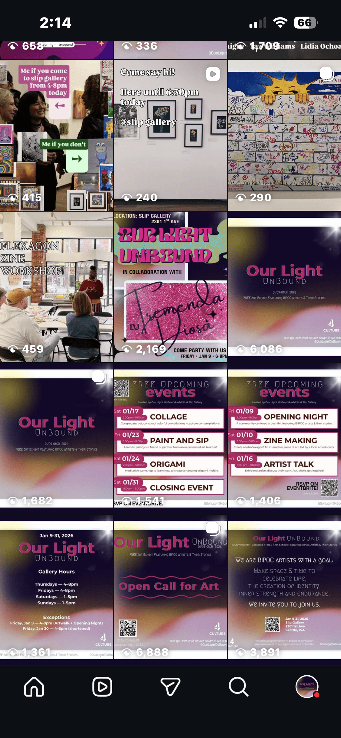 Full Instagram grid showing the range of content: gallery hours, open call for art, event flyers for workshops and the reception, stories, and reels from the exhibition