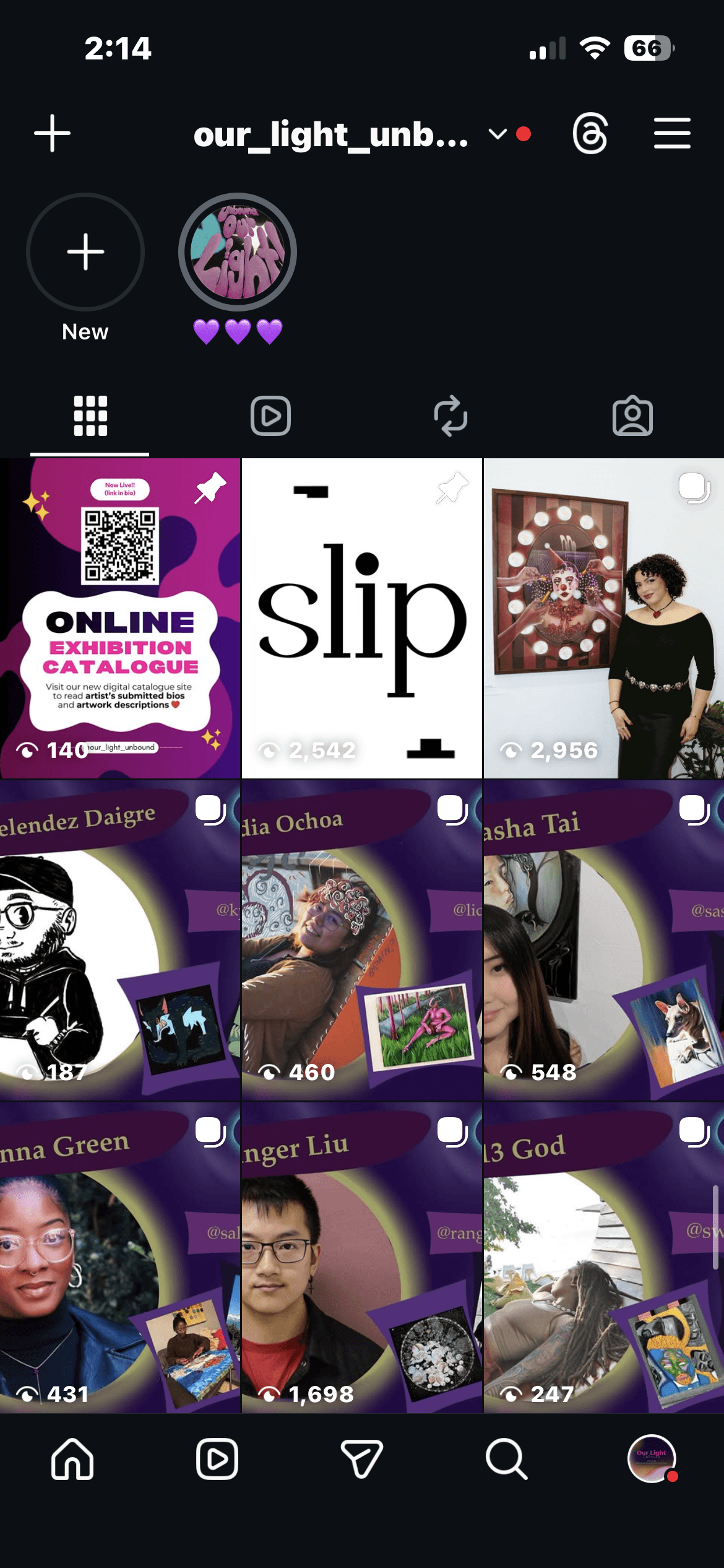 Instagram grid showing artist shoutout posts, the online exhibition catalogue announcement with QR code, and collaboration posts — individual artist spotlights received between 247 and 1,698 views
