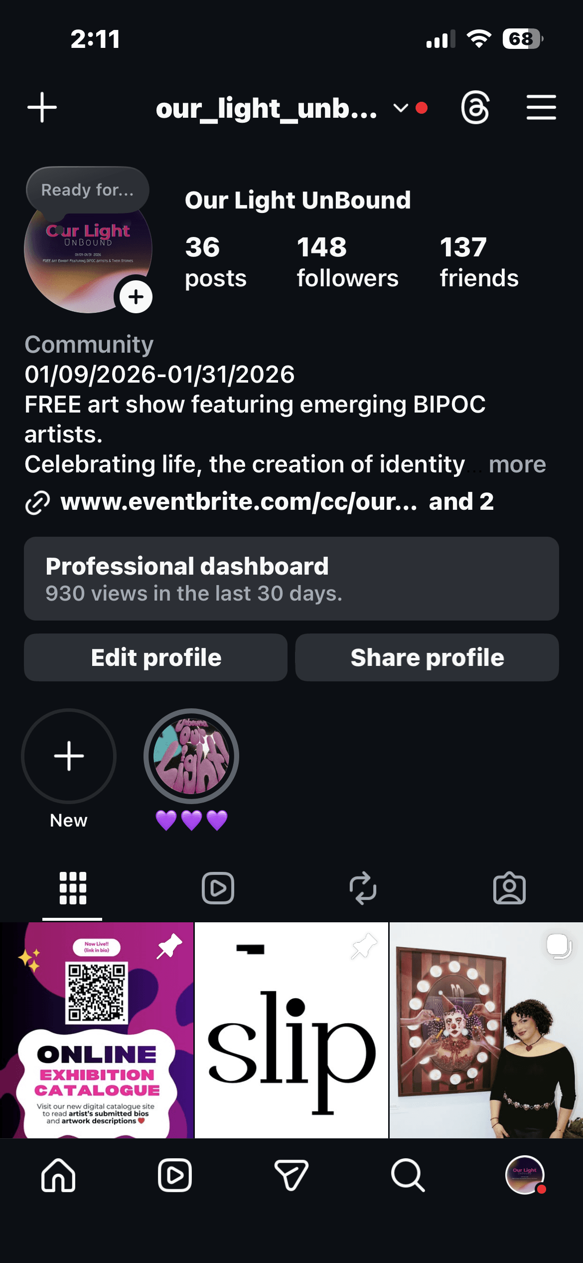 Our Light Unbound Instagram profile showing 36 posts, 148 followers, and bio describing a free art show featuring emerging BIPOC artists celebrating life and the creation of identity