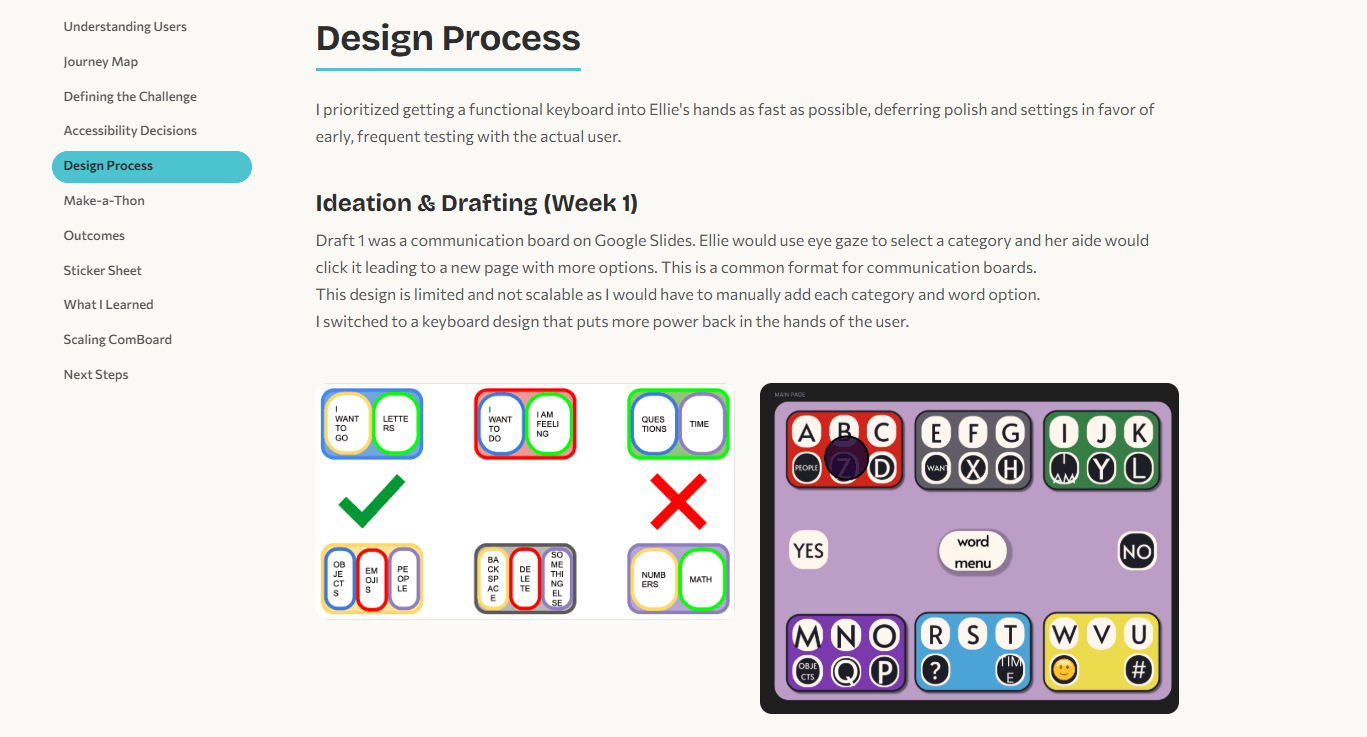 Redesigned design process section with teal accent nav, clean typography, and inline communication board comparison