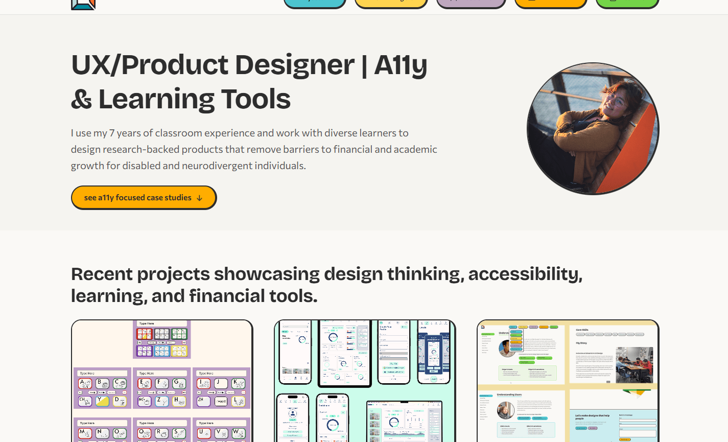 Redesigned Astro portfolio homepage with left-aligned text, pill-shaped nav buttons in accent colors, and side-by-side layout