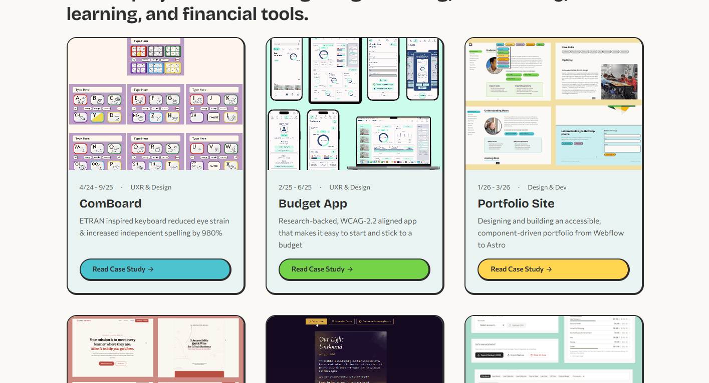 Redesigned project cards with unique accent-colored CTAs, thumbnail images, and neo-brutalist offset borders