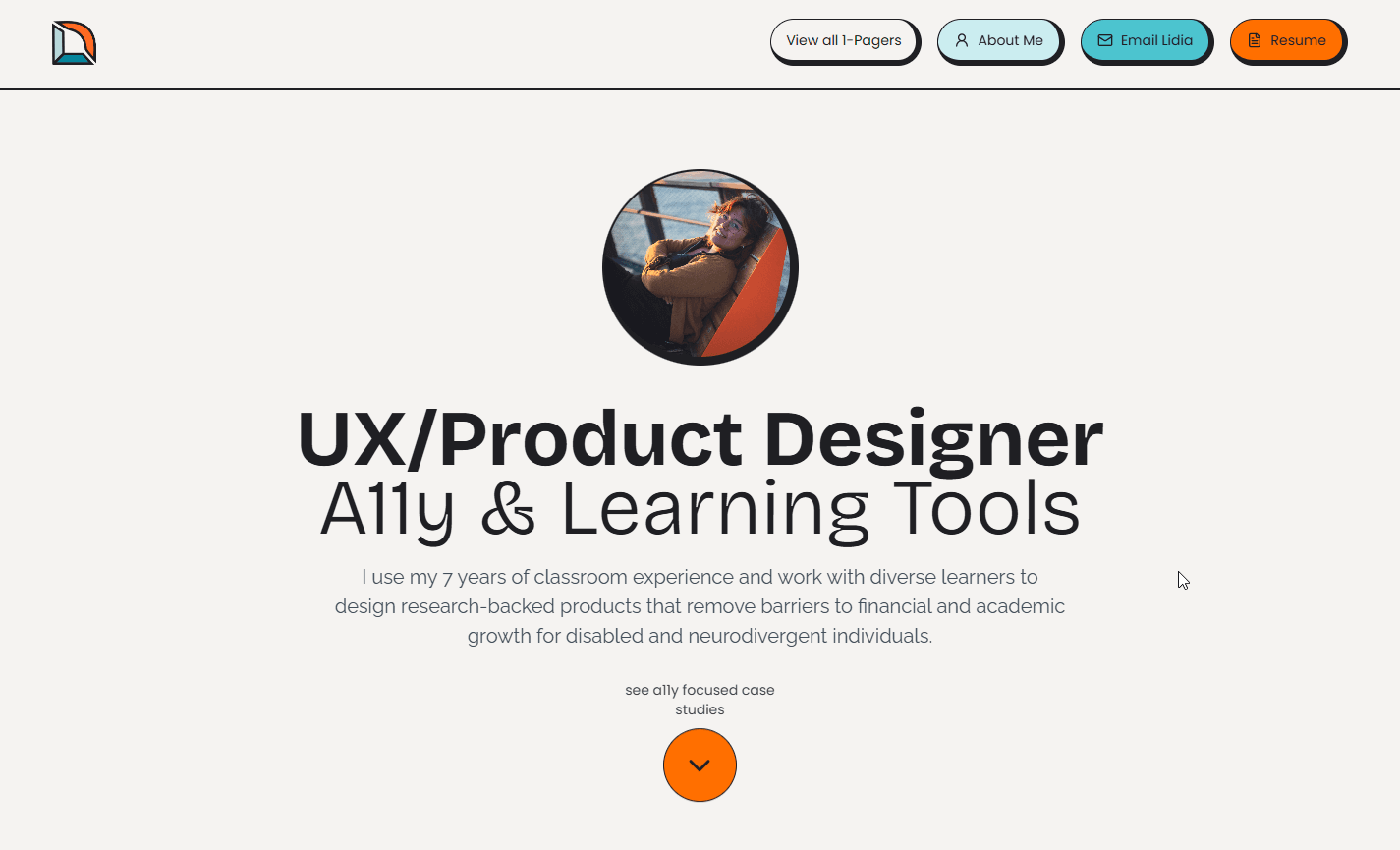 Original Webflow homepage with centered layout, large profile photo, and orange scroll-down button