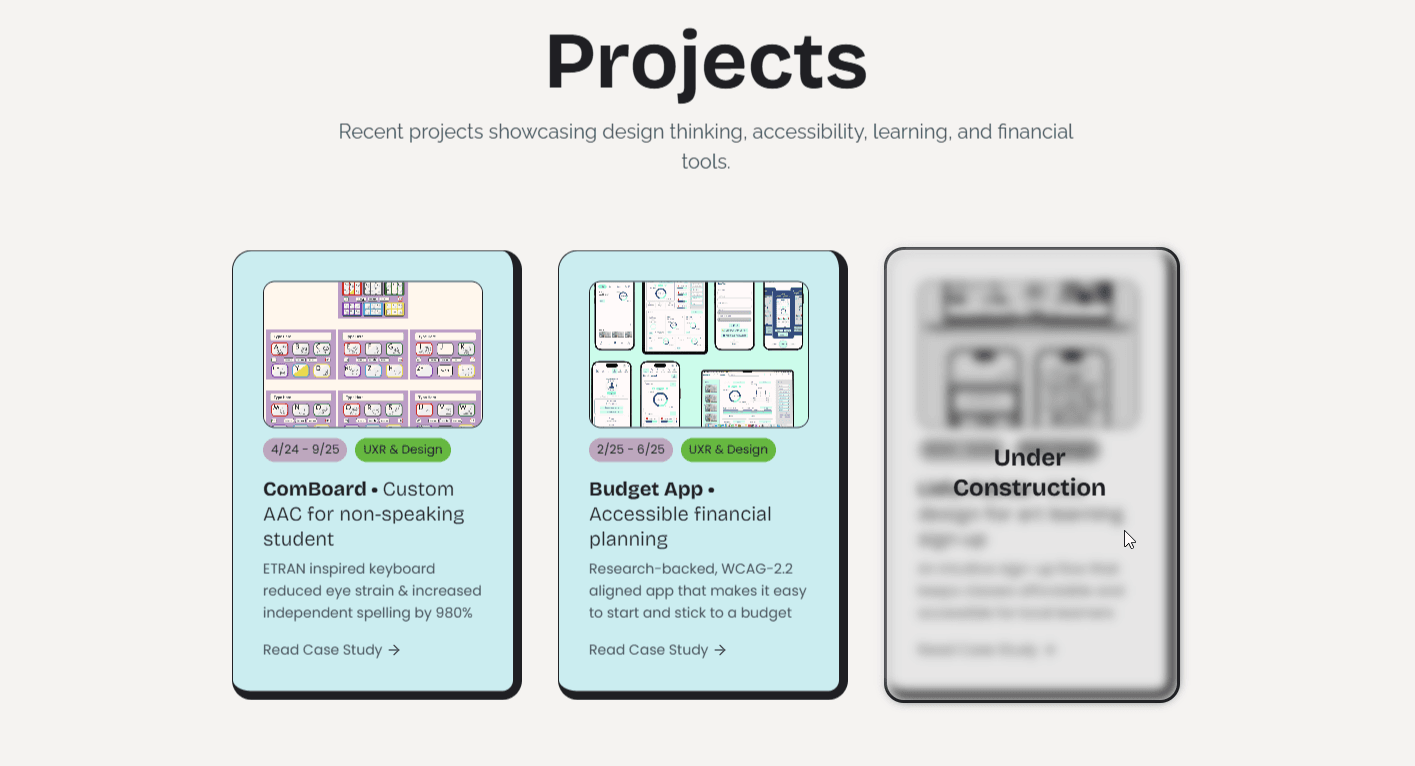 Original Webflow projects section with teal card backgrounds and simple text links