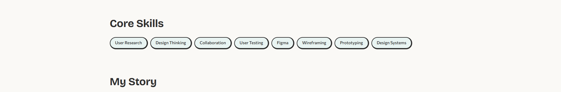 Live portfolio About Me page showing pill-shaped skill tags with offset borders for Core Skills section