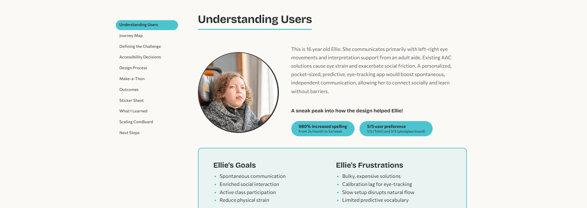 Live portfolio ComBoard case study page showing thick offset borders on the goals and frustrations card, teal accent color on headings and badges, pill-shaped outcome badges, and sticky side navigation
