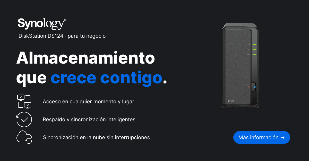 Synology LATAM web banner in Spanish — landscape format featuring the DS124, headline 'Almacenamiento que crece contigo' with feature icons for remote access, smart backup, and cloud sync