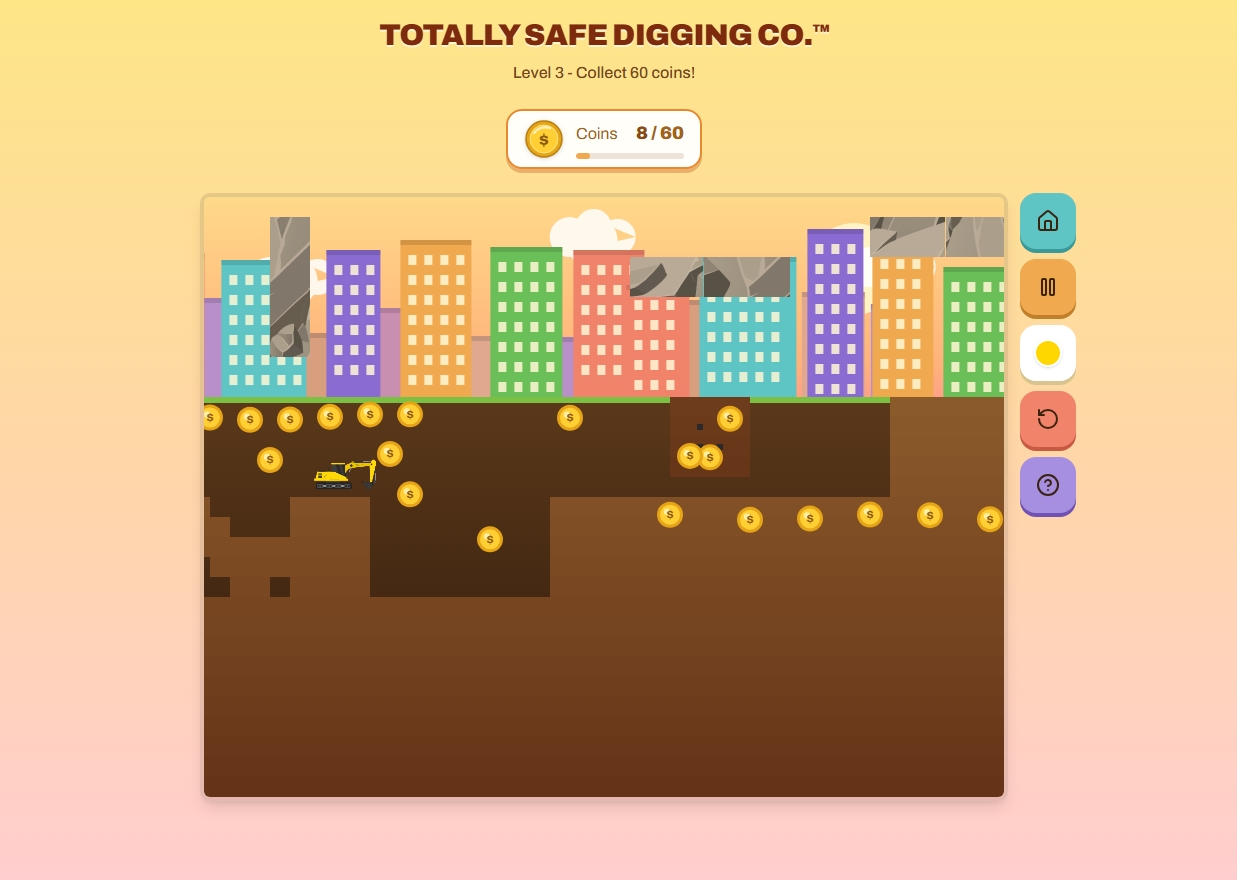 Level 3 gameplay — the excavator digs underground collecting coins beneath a colorful city skyline