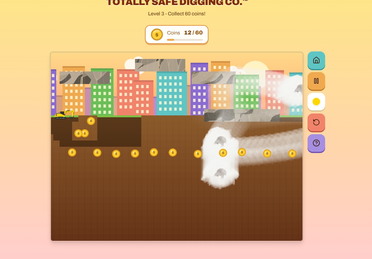 A mole bursts from the ground in a cloud of dust while the excavator digs nearby in Level 3