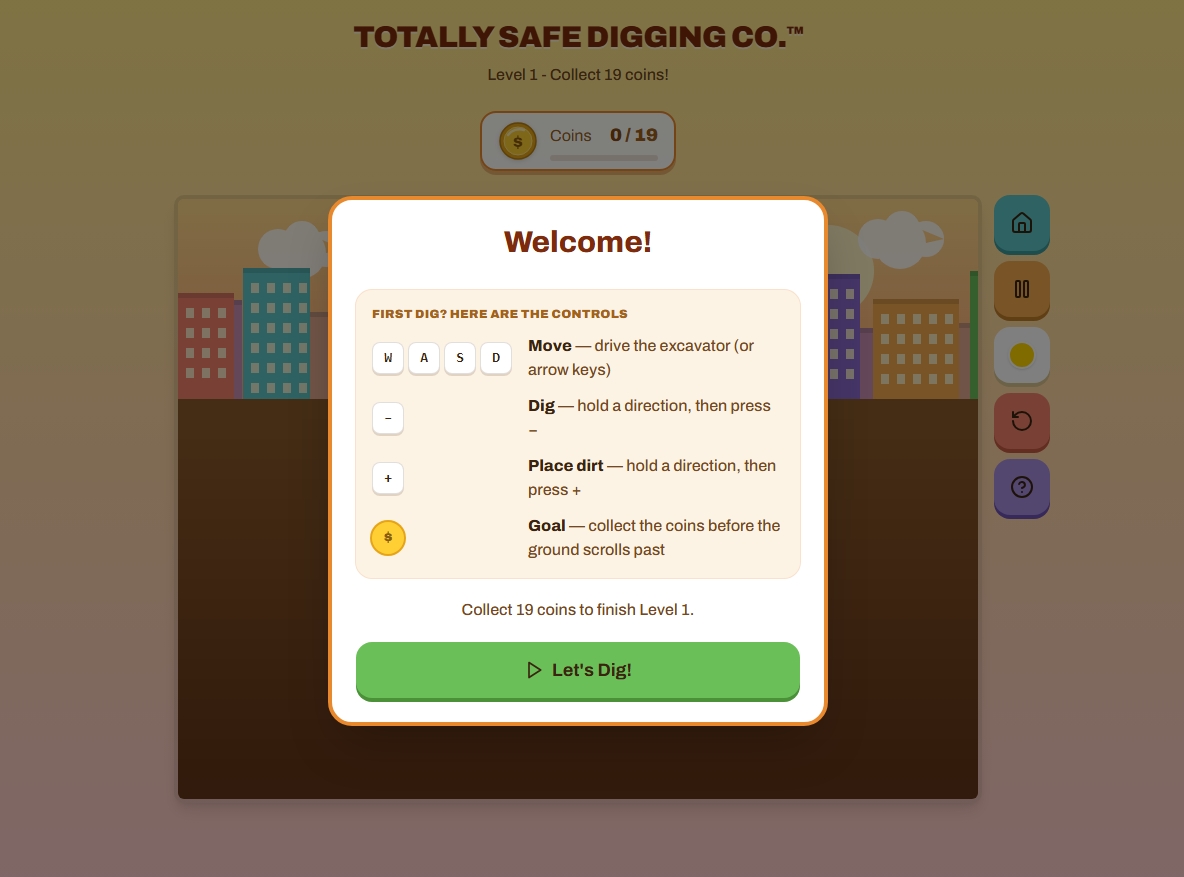 Level 1 welcome screen showing keyboard controls for move, dig, place dirt, and the coin-collection goal with a Let's Dig button
